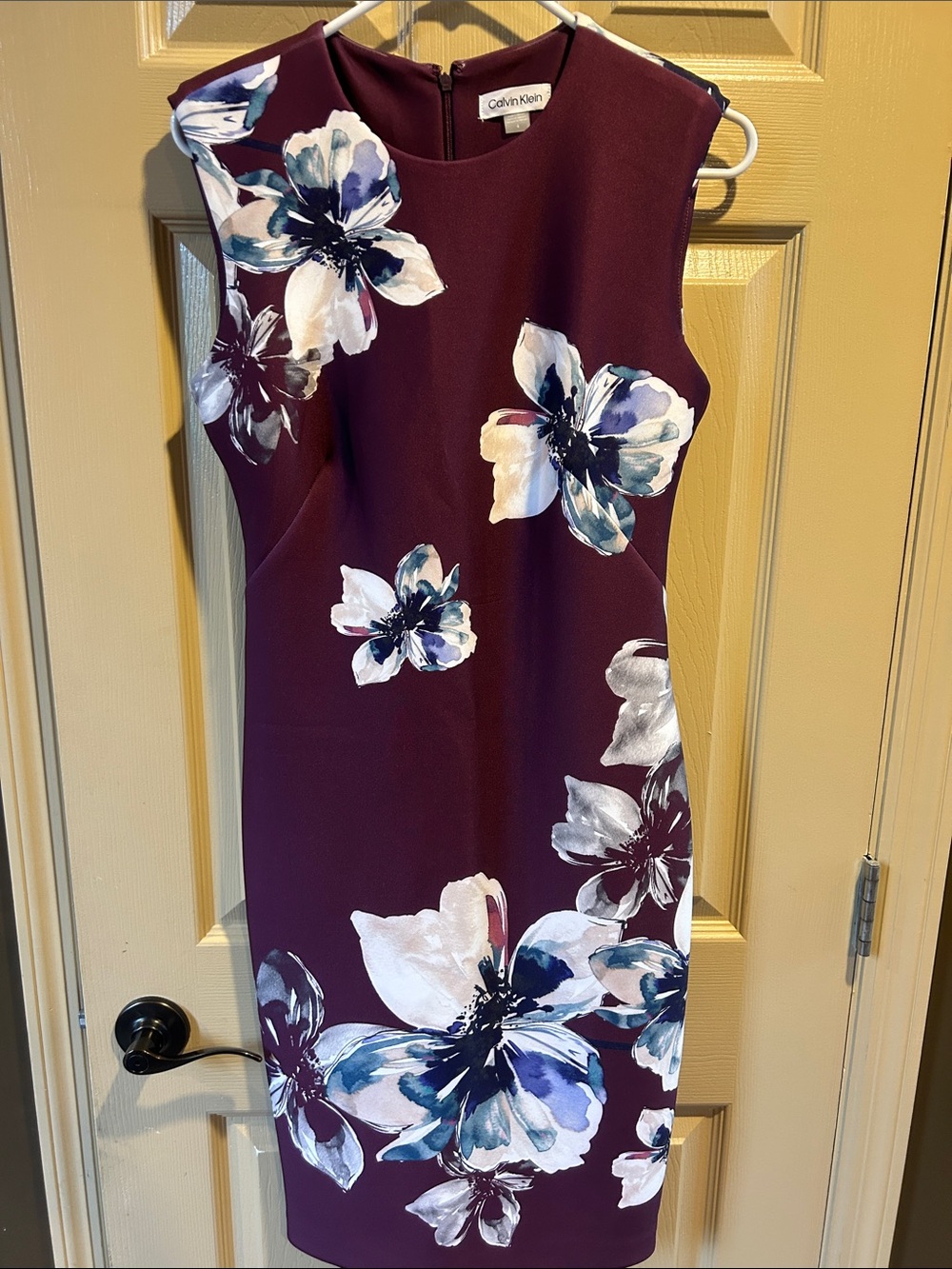 Calvin Klein Plum Floral Sheath Dress with Blue and White Blooms